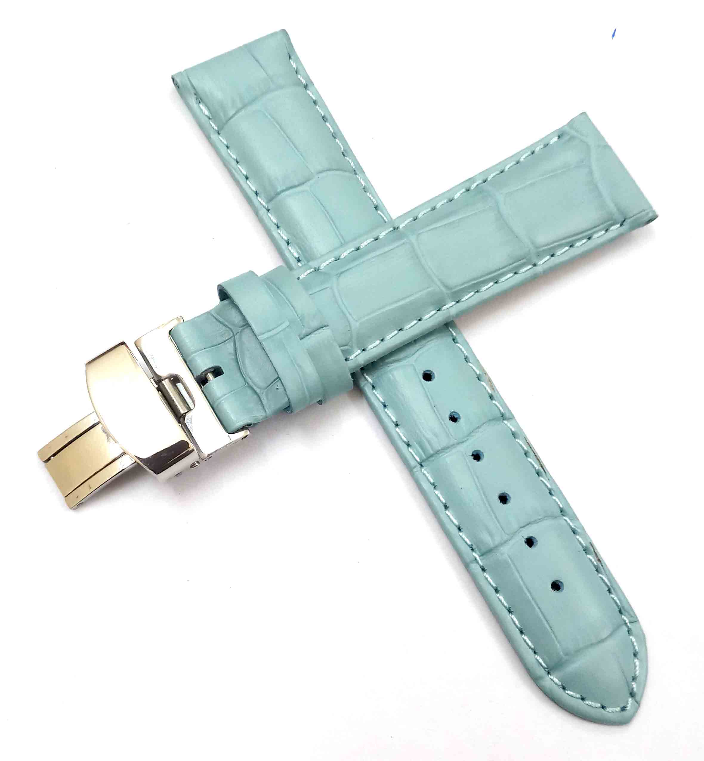 24mm Genuine Leather Sky Blue Watch Band Strap for Men and Women | Comfortable and Durable Material | Deployment Silver Buckle-S4 - Image 2