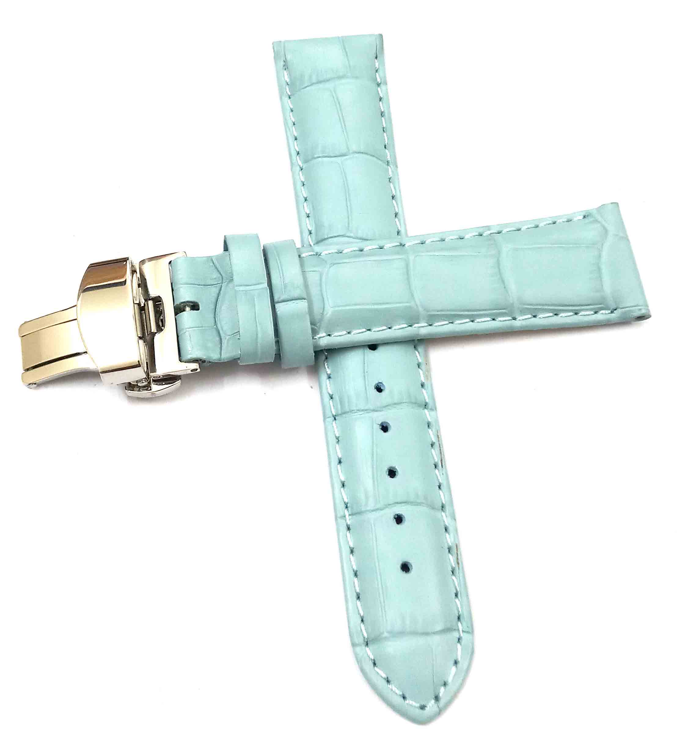 22mm Genuine Leather Sky Blue Watch Band Strap for Men and Women | Comfortable and Durable Material | Deployment Silver Buckle-S6 - Image 2