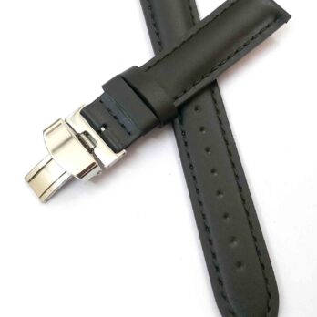21mm Genuine Leather Black Watch Band Strap for Men and Women | Comfortable and Durable Material | Deployment Silver Buckle-G10