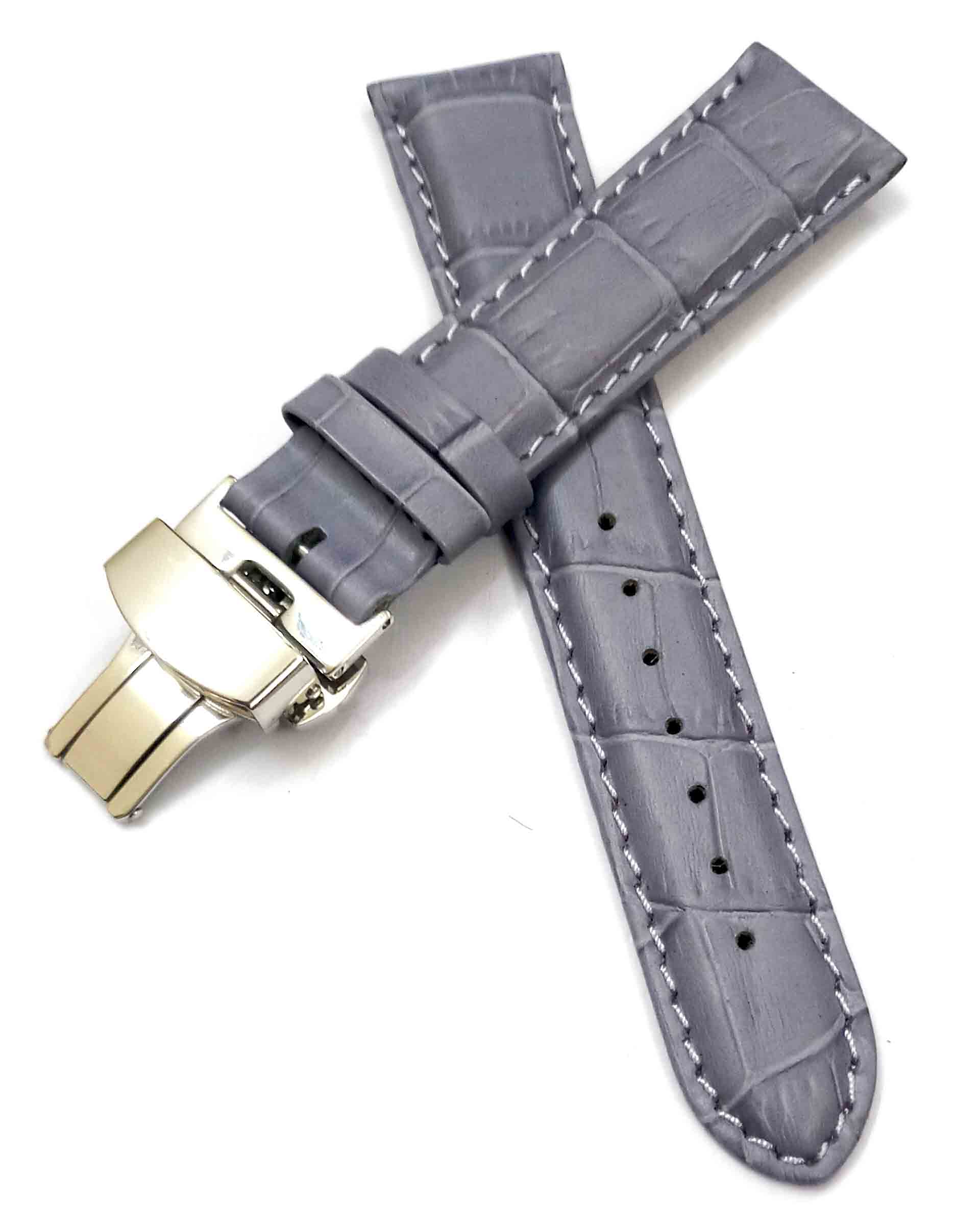 24mm Genuine Leather Gray With White Stich Watch Band Strap for Men and Women | Comfortable and Durable Material | Deployment Silver Buckle-G3