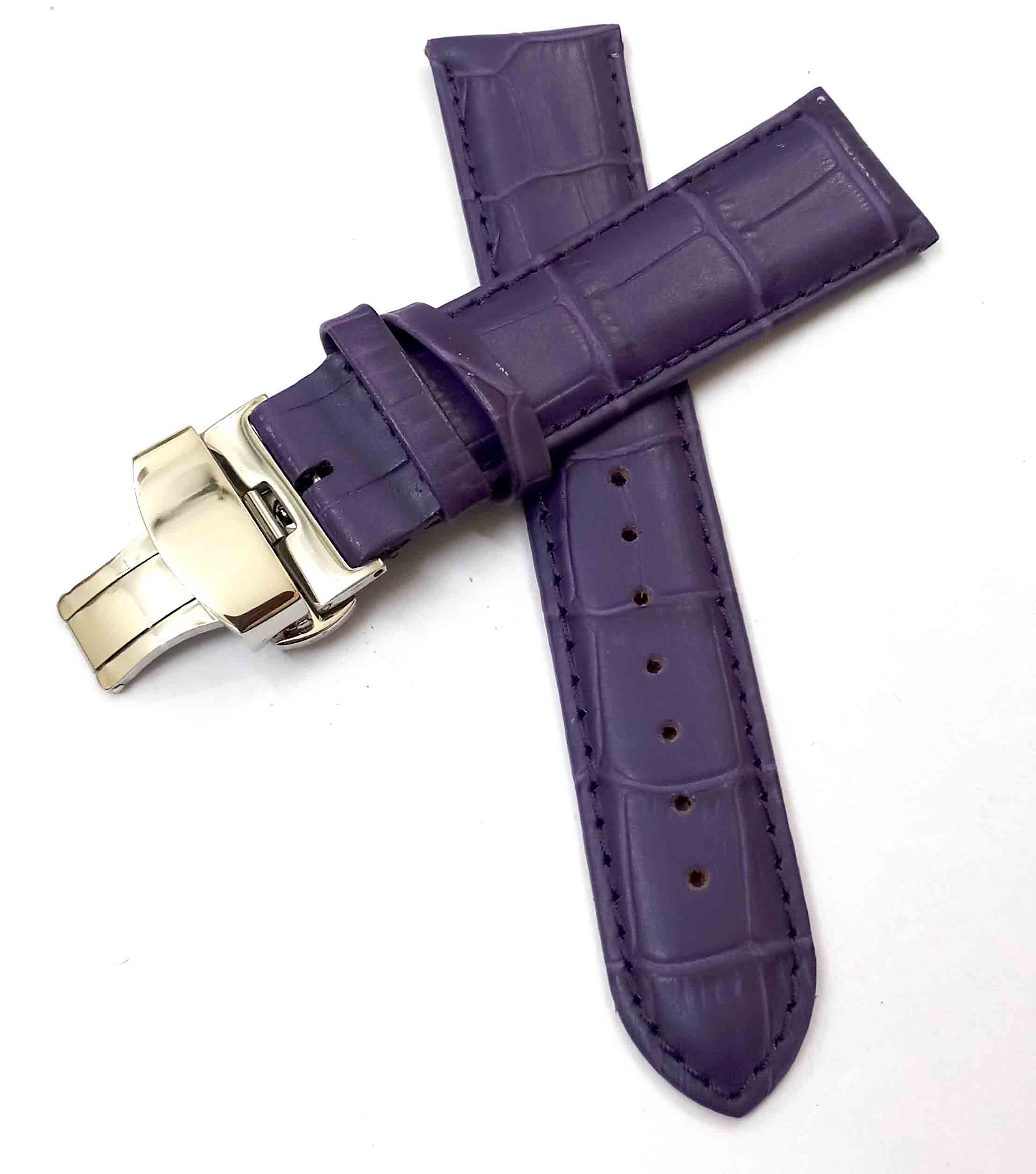 24mm Genuine Leather Purple Watch Band Strap for Men and Women | Comfortable and Durable Material | Deployment Silver Buckle-A7
