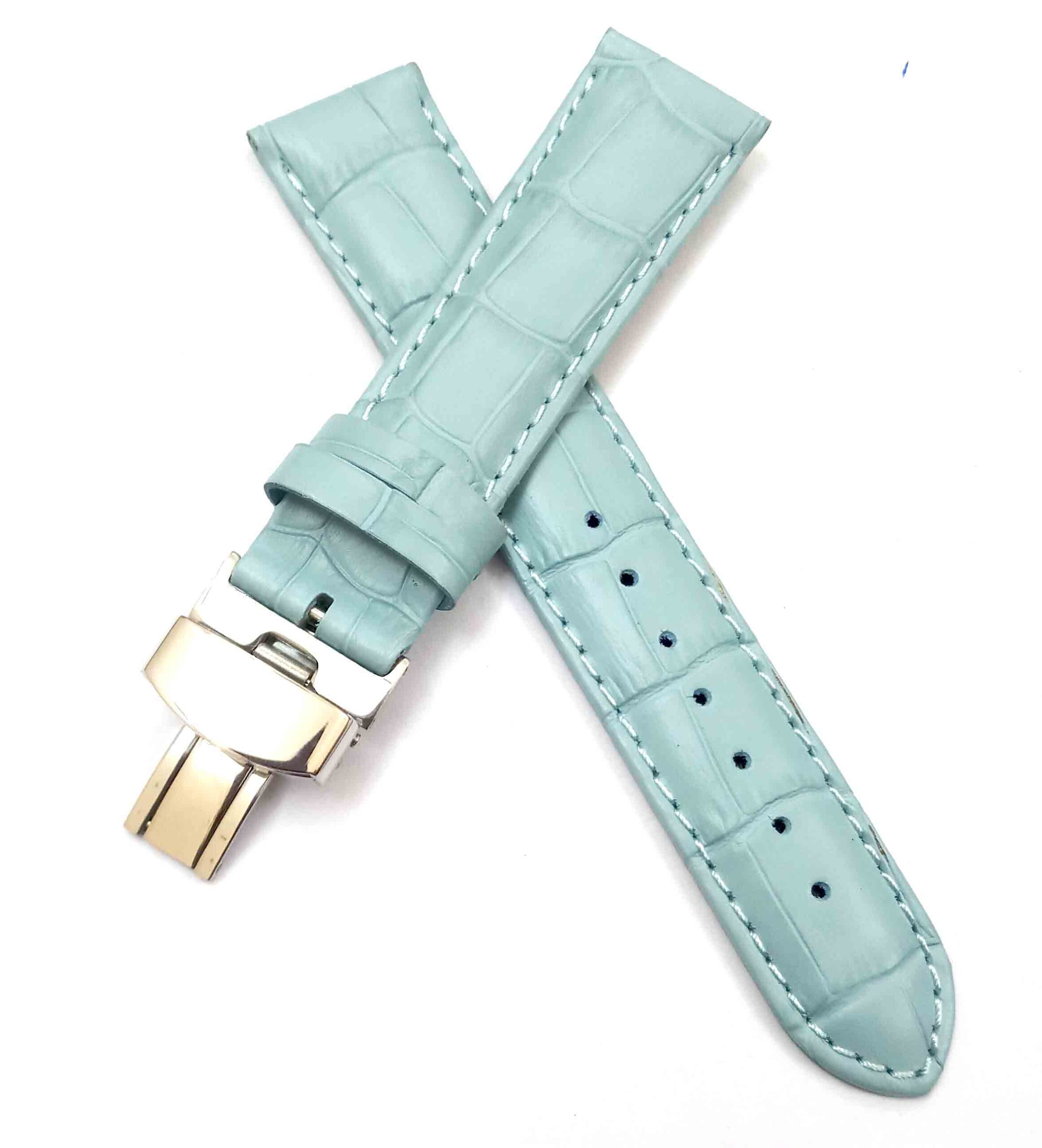 24mm Genuine Leather Sky Blue Watch Band Strap for Men and Women | Comfortable and Durable Material | Deployment Silver Buckle-S4