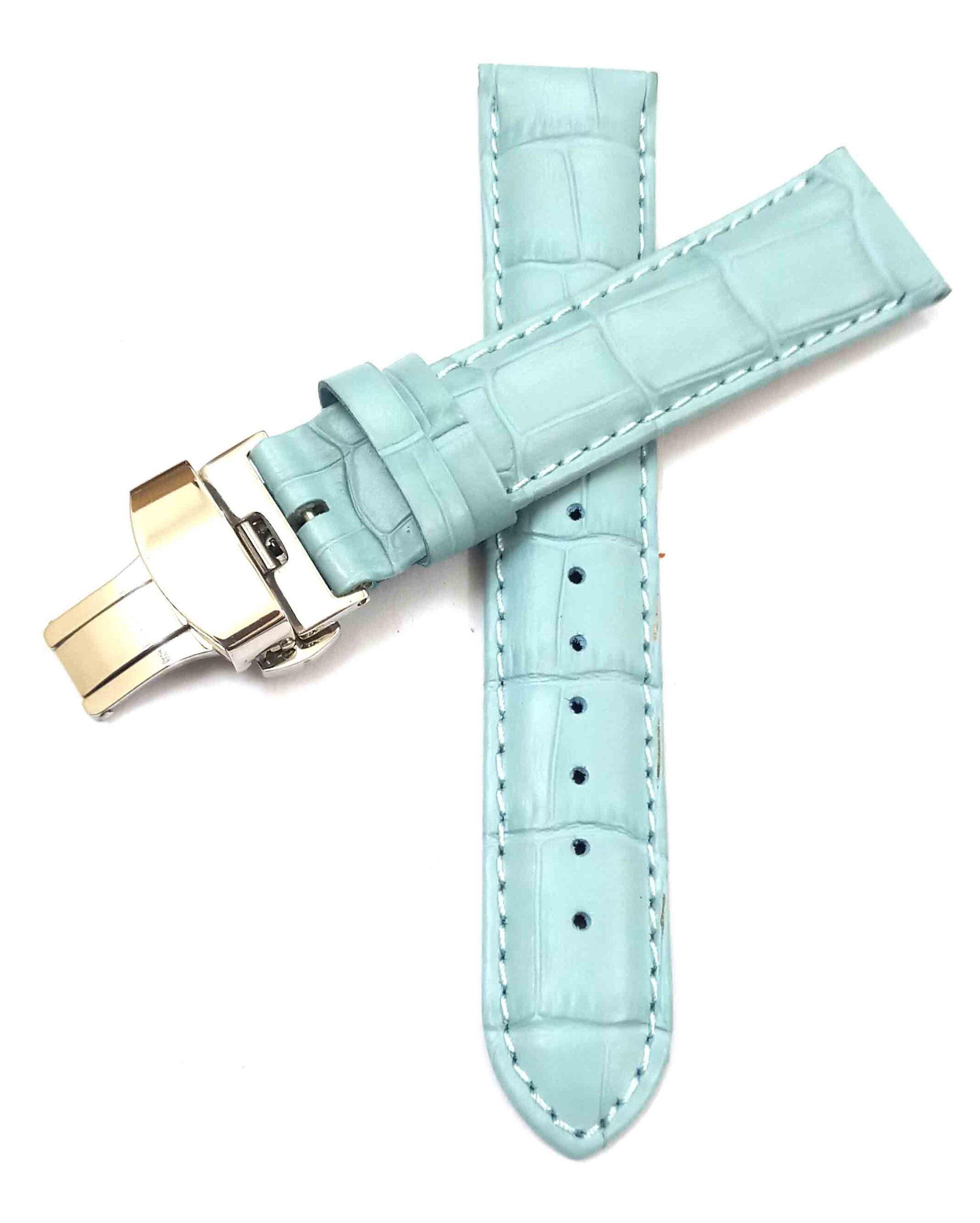 22mm Genuine Leather Sky Blue Watch Band Strap for Men and Women | Comfortable and Durable Material | Deployment Silver Buckle-S6
