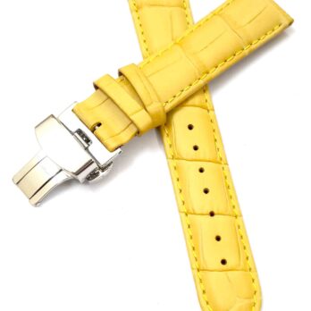 24mm Genuine Leather Yellow Watch Band Strap for Men and Women | Comfortable and Durable Material | Deployment Silver Buckle-Y7