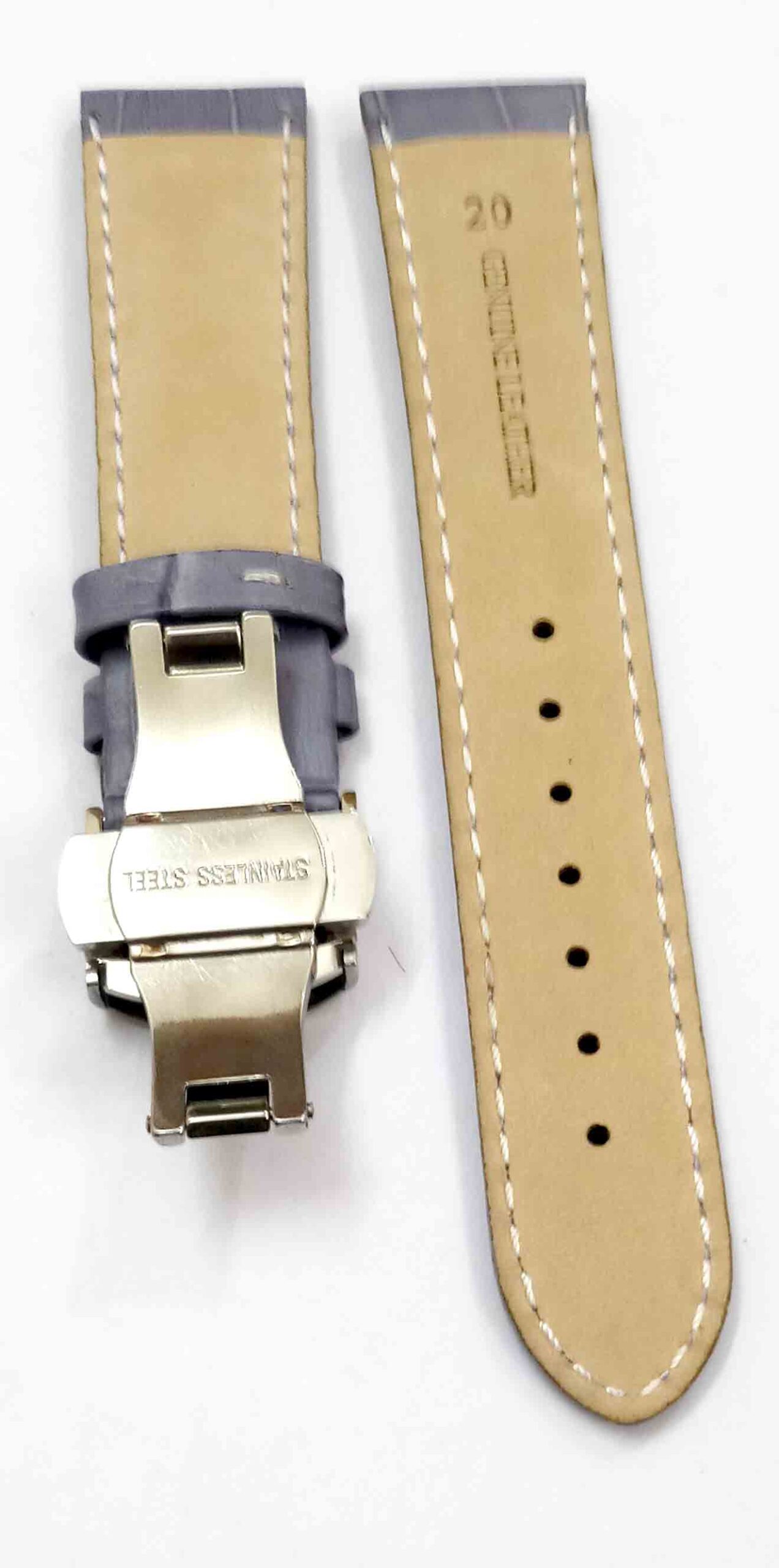 24mm Genuine Leather Gray With White Stich Watch Band Strap for Men and Women | Comfortable and Durable Material | Deployment Silver Buckle-G3 - Image 3