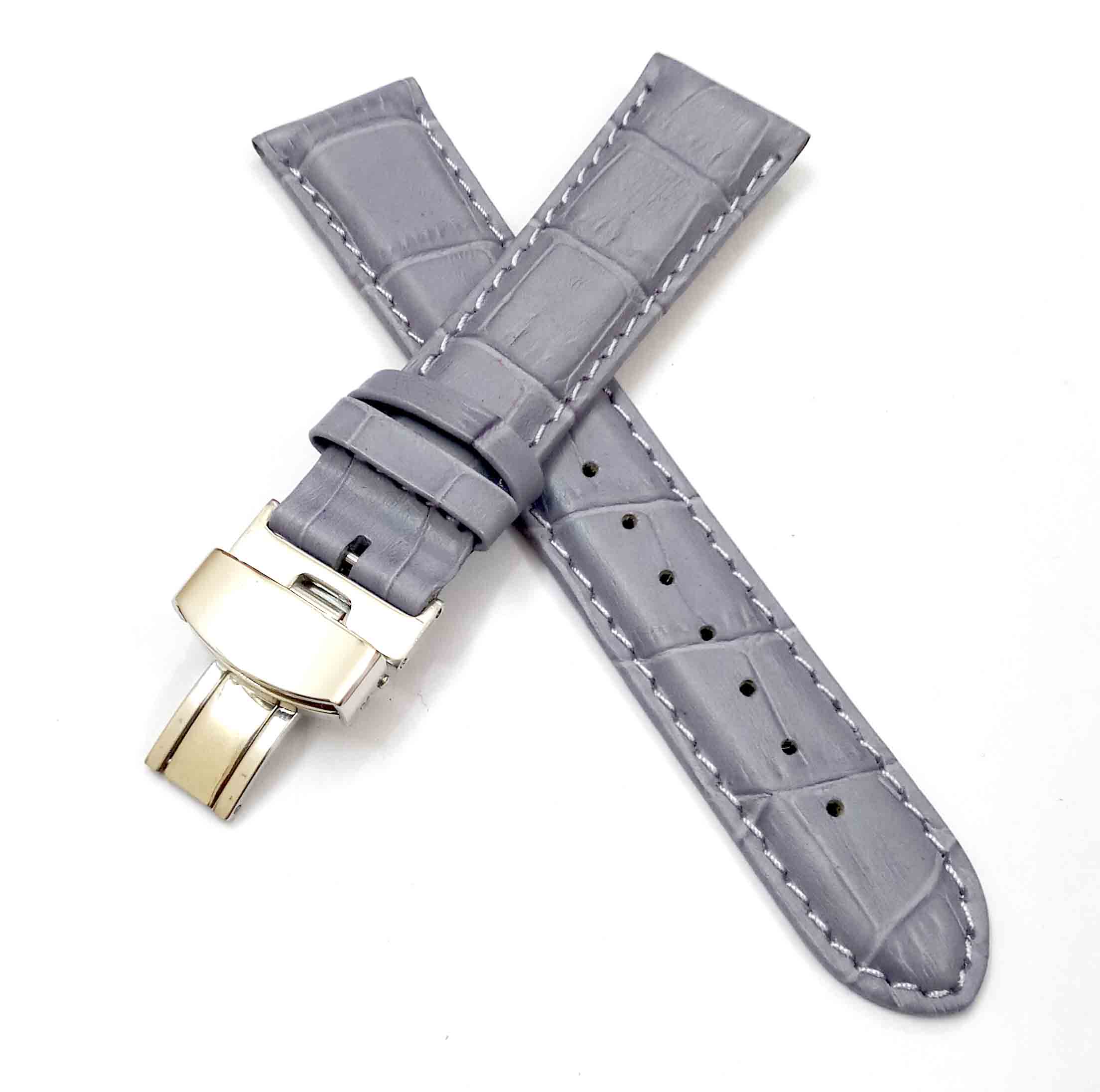 24mm Genuine Leather Gray With White Stich Watch Band Strap for Men and Women | Comfortable and Durable Material | Deployment Silver Buckle-A3