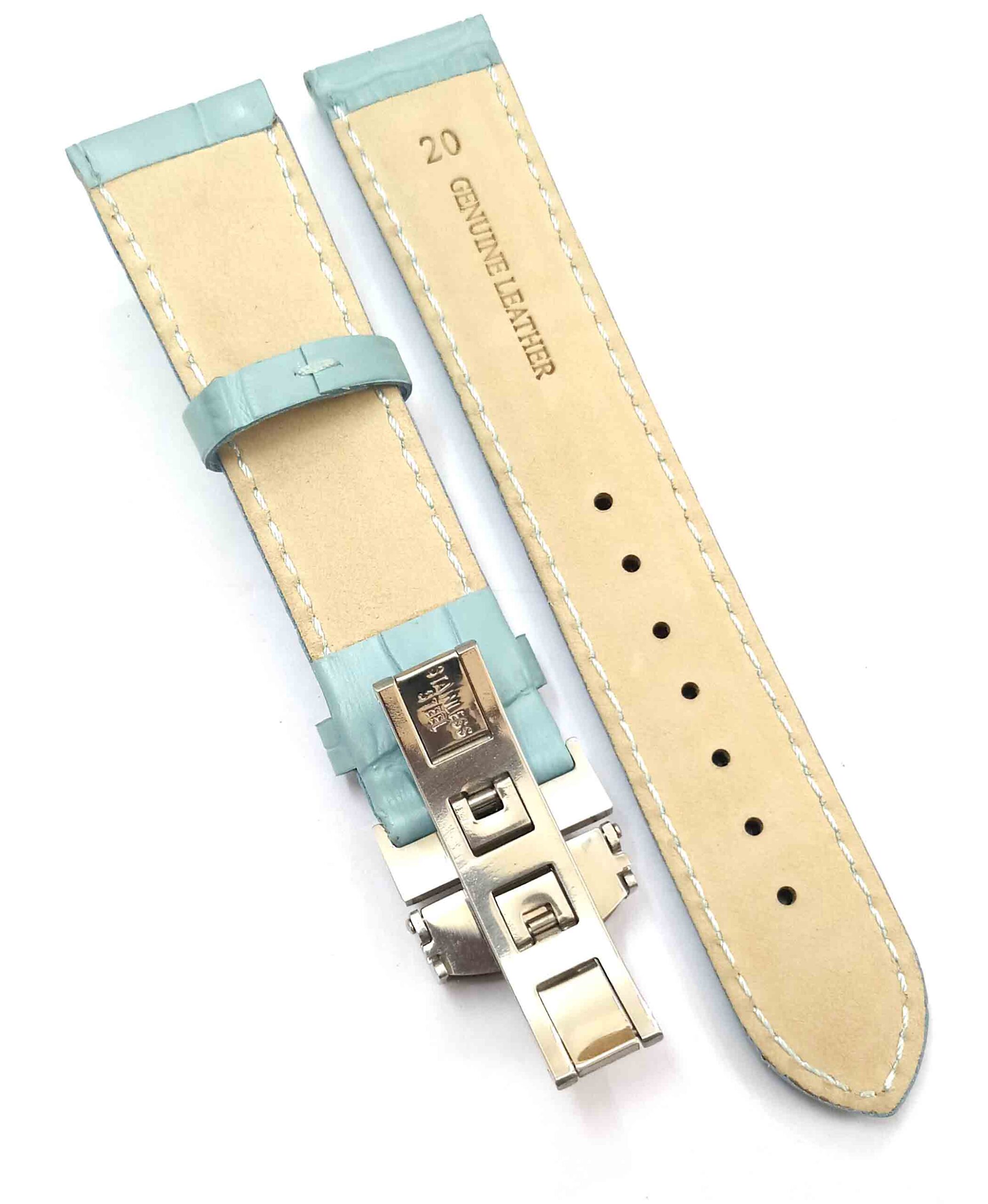 24mm Genuine Leather Sky Blue Watch Band Strap for Men and Women | Comfortable and Durable Material | Deployment Silver Buckle-S4 - Image 3
