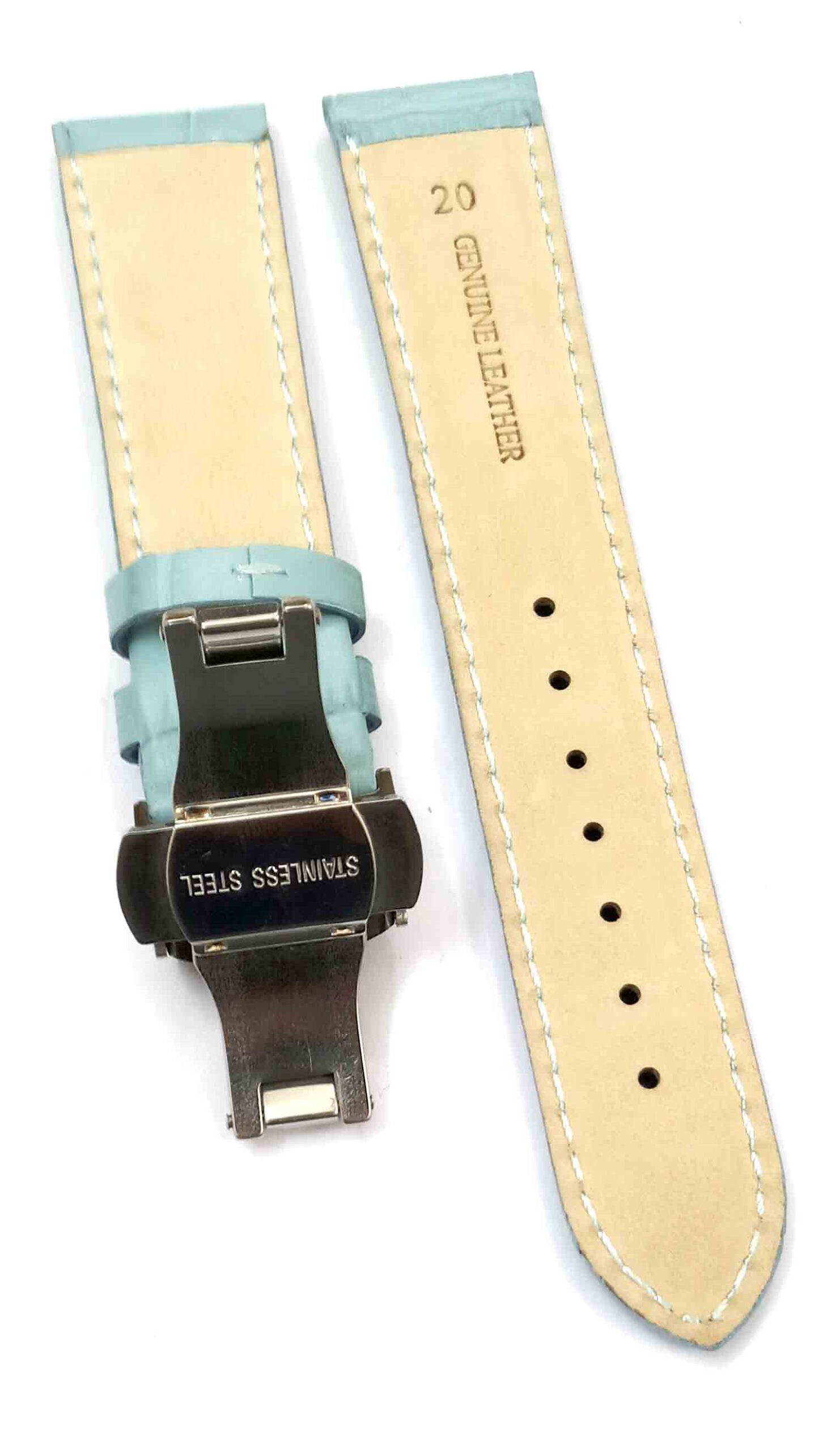 22mm Genuine Leather Sky Blue Watch Band Strap for Men and Women | Comfortable and Durable Material | Deployment Silver Buckle-S6 - Image 3