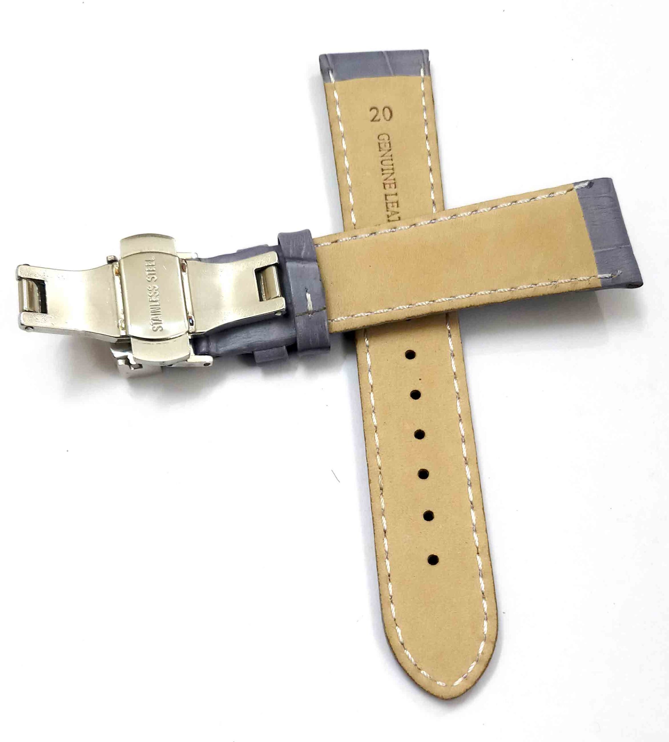 24mm Genuine Leather Gray With White Stich Watch Band Strap for Men and Women | Comfortable and Durable Material | Deployment Silver Buckle-G3 - Image 4