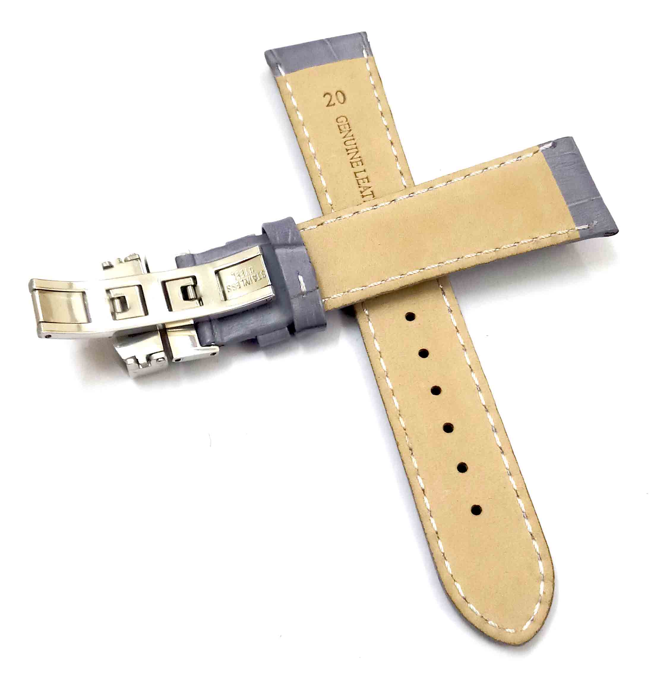 24mm Genuine Leather Gray With White Stich Watch Band Strap for Men and Women | Comfortable and Durable Material | Deployment Silver Buckle-A3 - Image 2