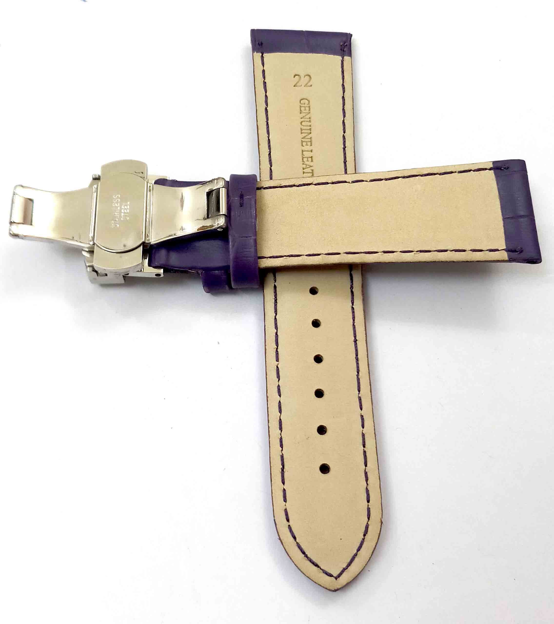 24mm Genuine Leather Purple Watch Band Strap for Men and Women | Comfortable and Durable Material | Deployment Silver Buckle-A7 - Image 4