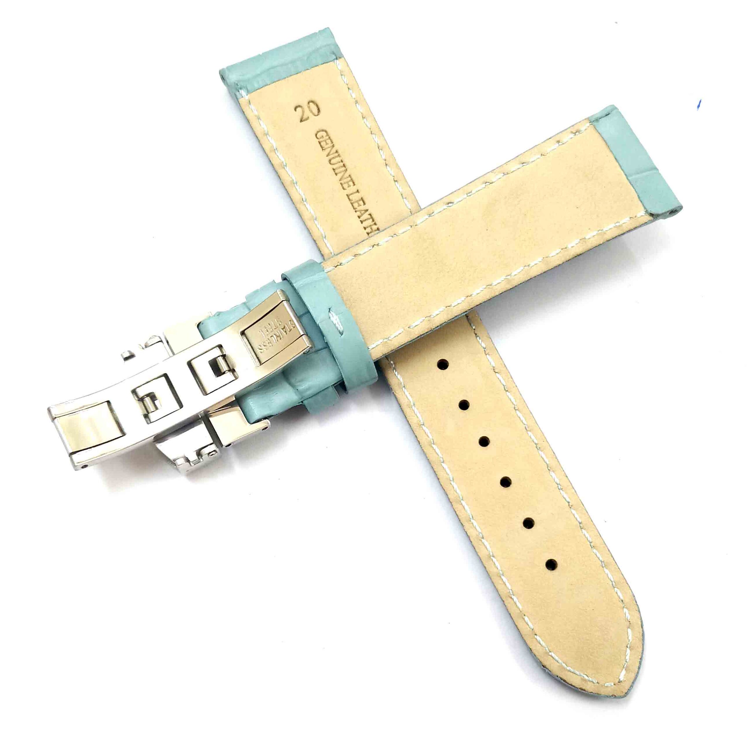 24mm Genuine Leather Sky Blue Watch Band Strap for Men and Women | Comfortable and Durable Material | Deployment Silver Buckle-S4 - Image 4