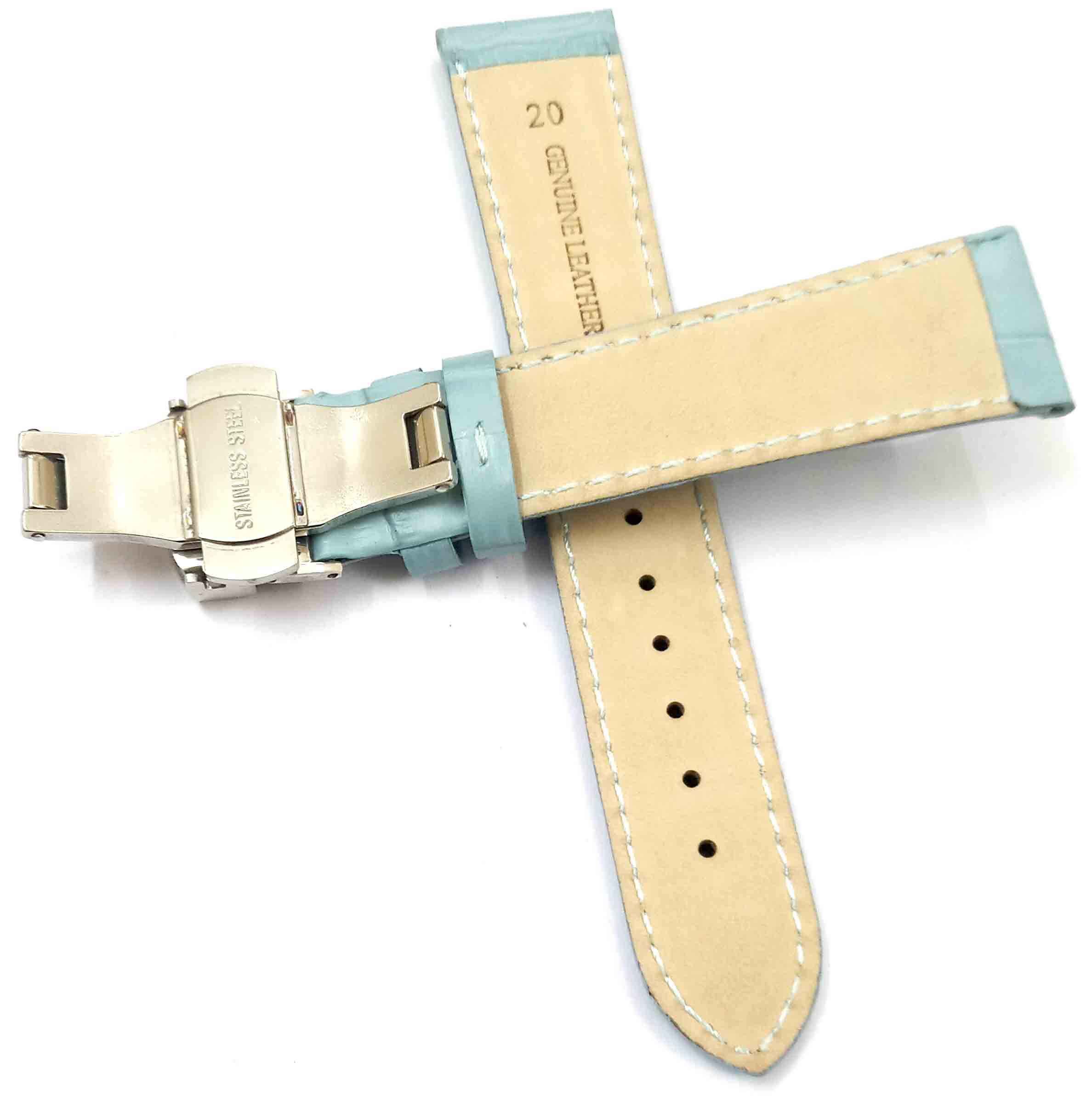 22mm Genuine Leather Sky Blue Watch Band Strap for Men and Women | Comfortable and Durable Material | Deployment Silver Buckle-S6 - Image 4