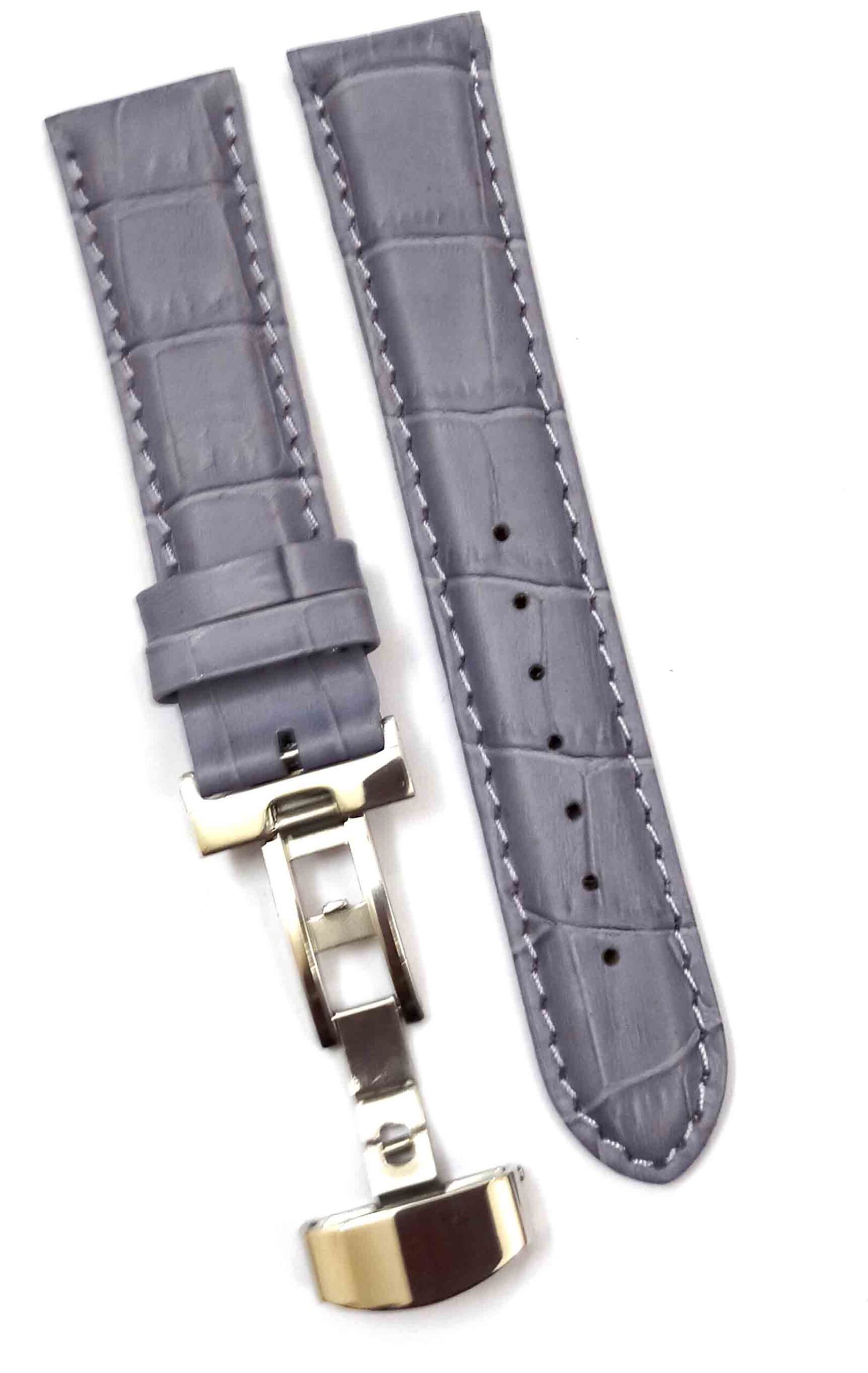 24mm Genuine Leather Gray With White Stich Watch Band Strap for Men and Women | Comfortable and Durable Material | Deployment Silver Buckle-G3 - Image 5