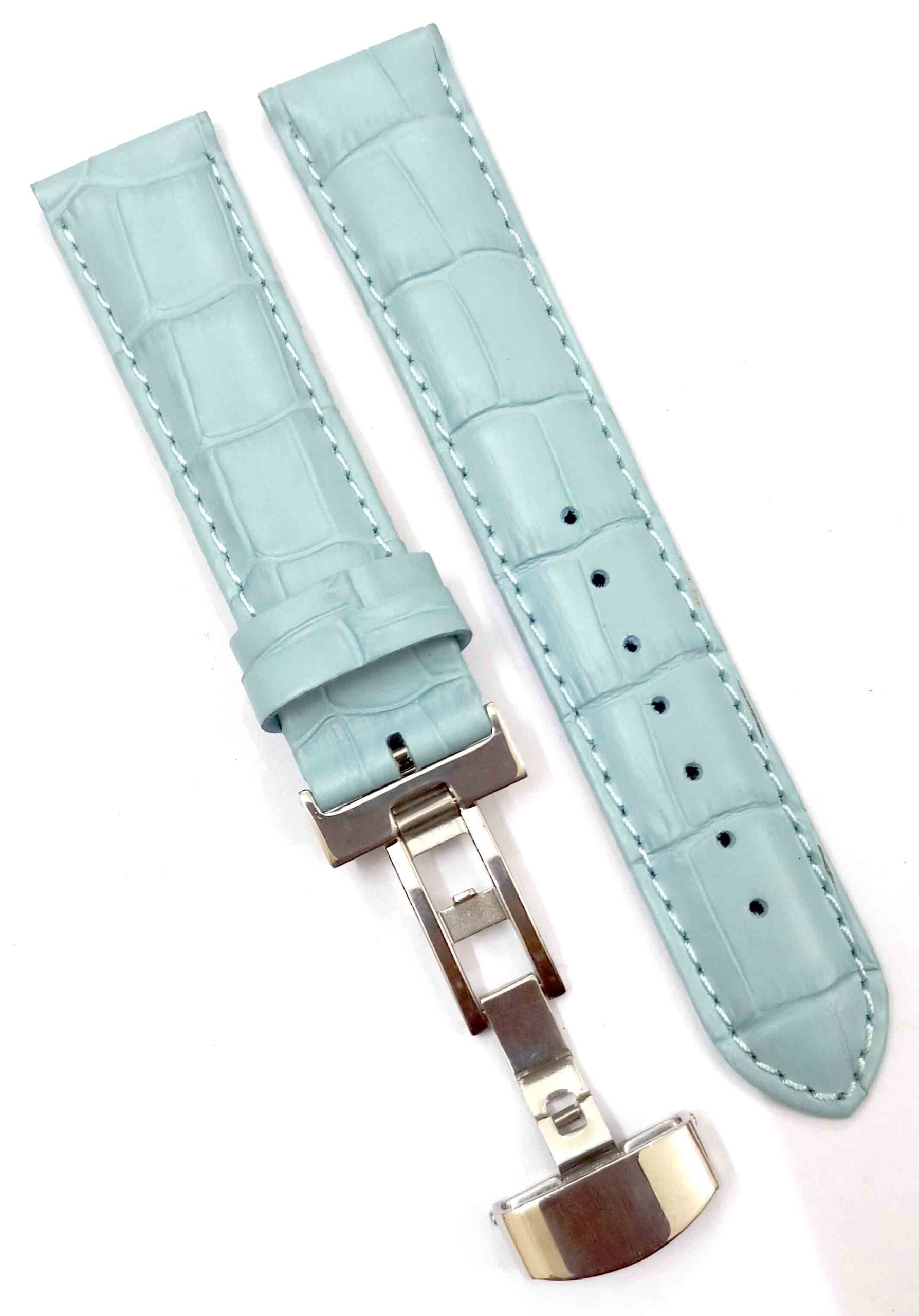 24mm Genuine Leather Sky Blue Watch Band Strap for Men and Women | Comfortable and Durable Material | Deployment Silver Buckle-S4 - Image 5
