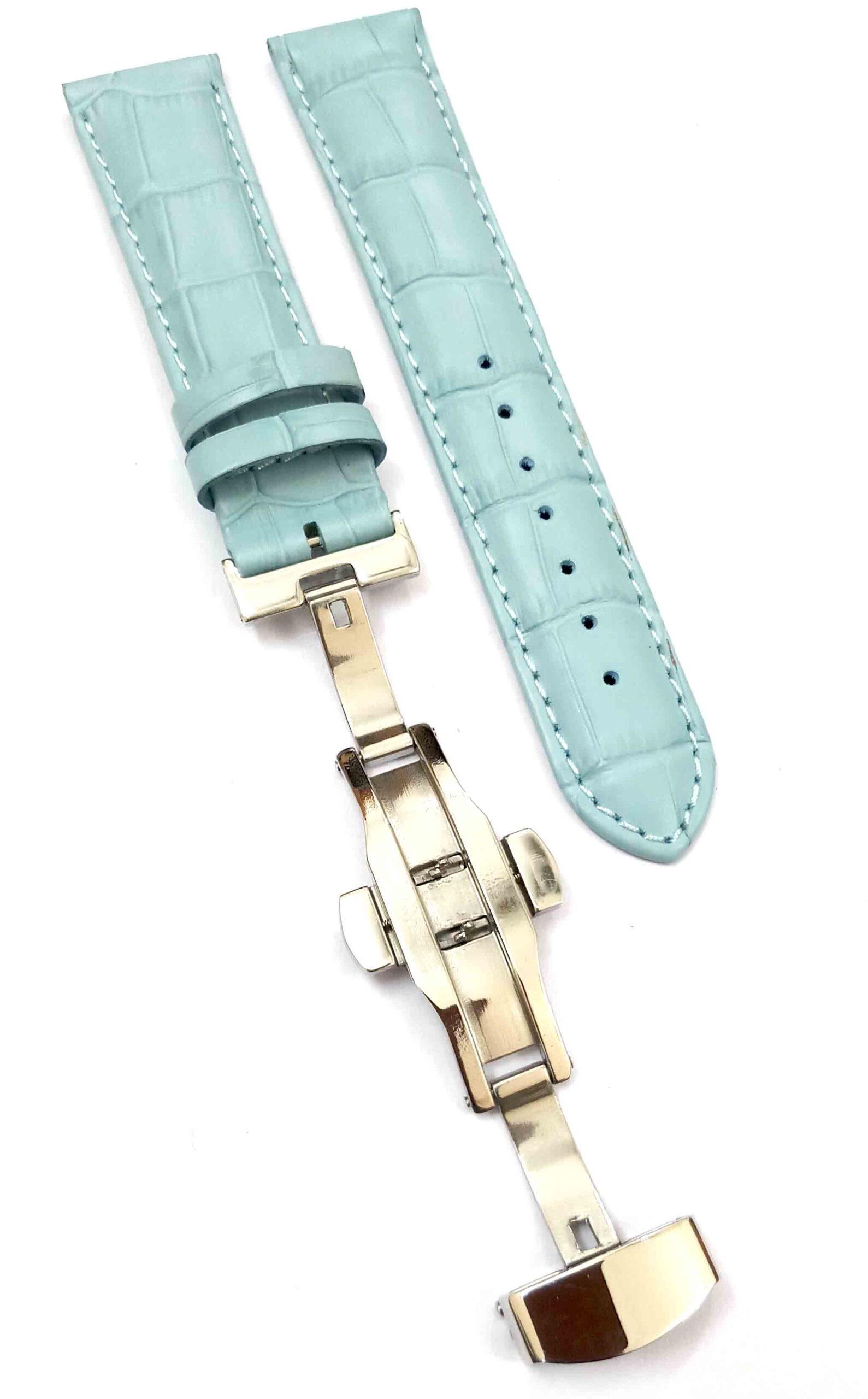 22mm Genuine Leather Sky Blue Watch Band Strap for Men and Women | Comfortable and Durable Material | Deployment Silver Buckle-S6 - Image 5