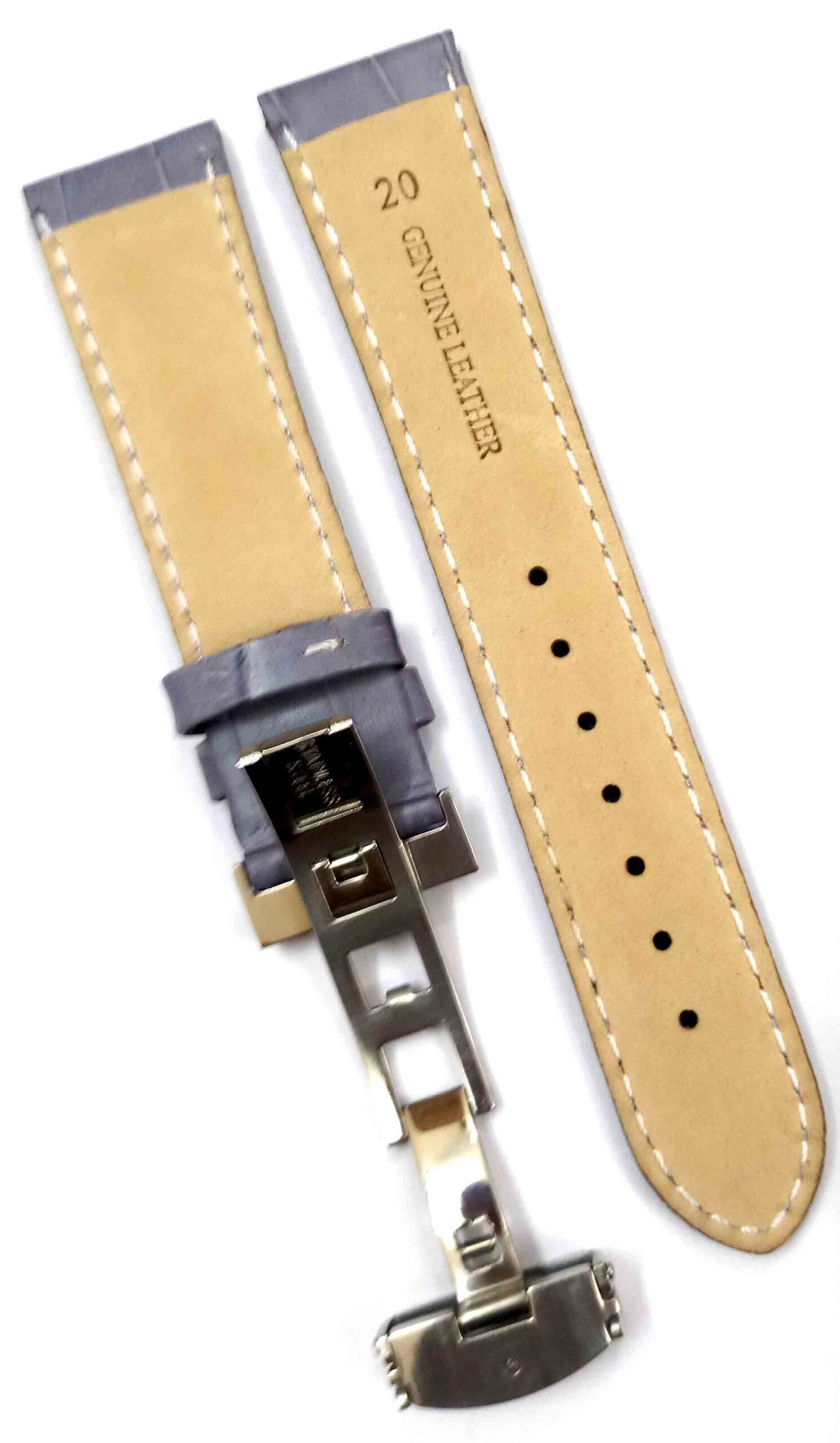 24mm Genuine Leather Gray With White Stich Watch Band Strap for Men and Women | Comfortable and Durable Material | Deployment Silver Buckle-G3 - Image 6