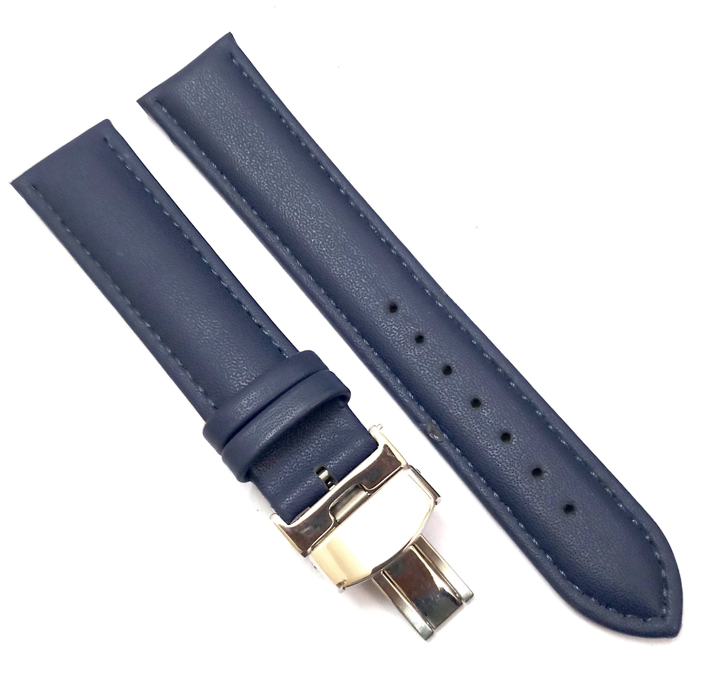 20mm Genuine Leather Blue Watch Band Strap for Men and Women | Comfortable and Durable Material | Deployment Silver Buckle-A2 - Image 6