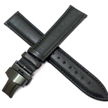 22mm Genuine Leather Black Watch Band Strap for Men and Women | Comfortable and Durable Material | Deployment Black Buckle-Y2