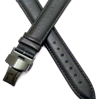 22mm Genuine Leather Black Watch Band Strap for Men and Women | Comfortable and Durable Material | Deployment Black Buckle-Y2
