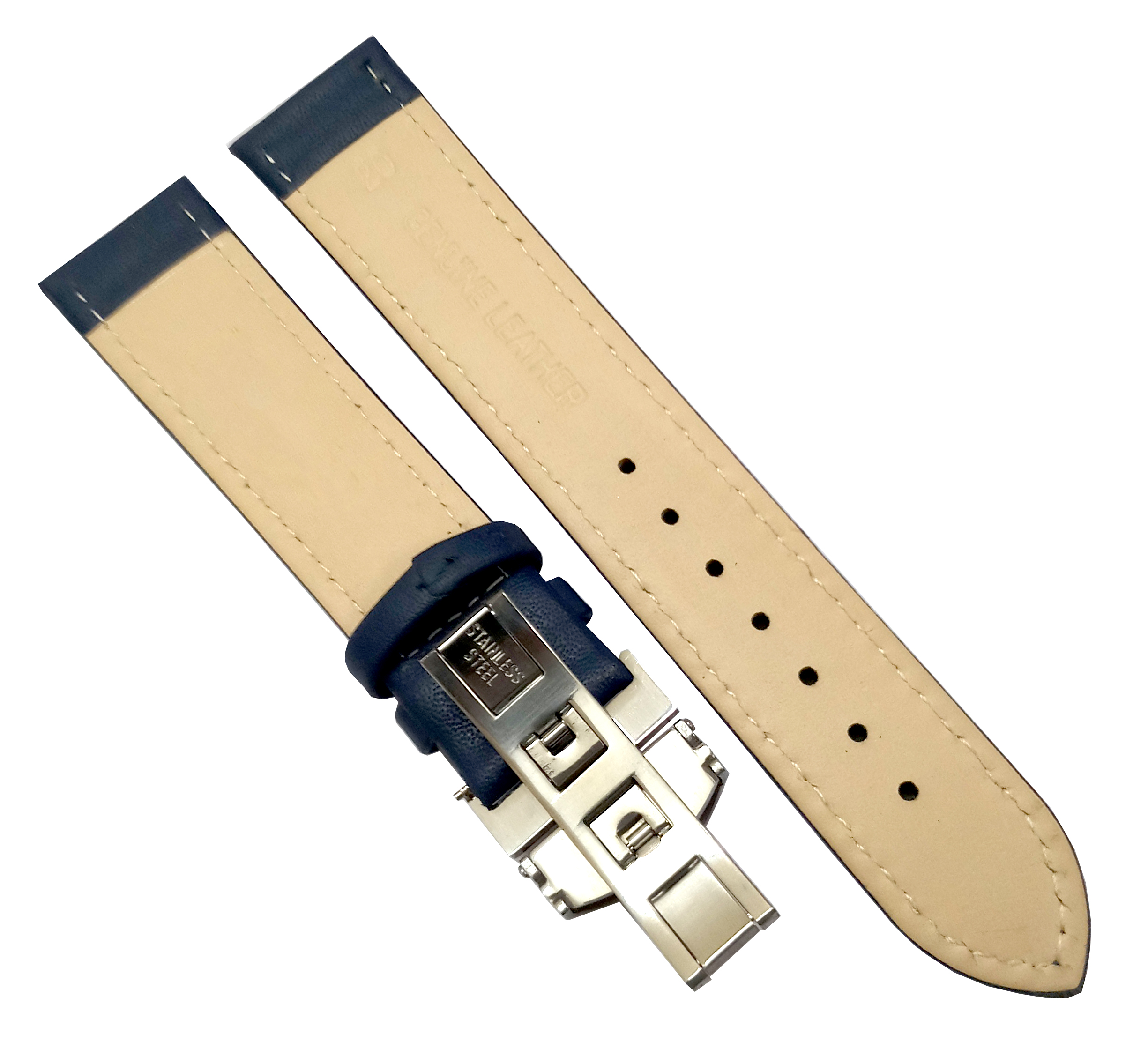 20mm Genuine Leather Blue Watch Band Strap for Men and Women | Comfortable and Durable Material | Deployment Silver Buckle-A2 - Image 3