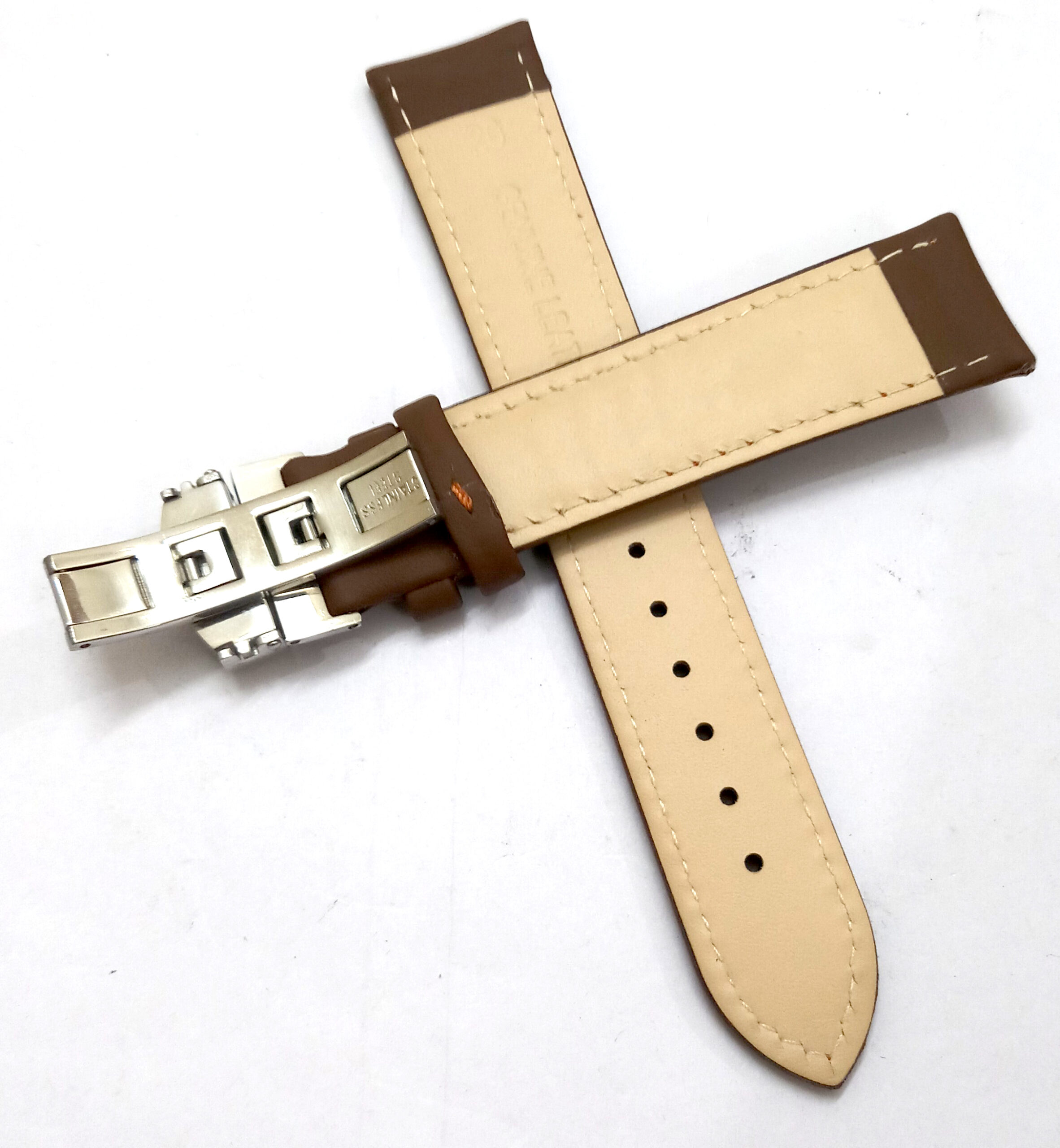 24mm Genuine Leather Light Brown Watch Band Strap for Men and Women | Comfortable and Durable Material | Deployment Silver Buckle-A4 - Image 3