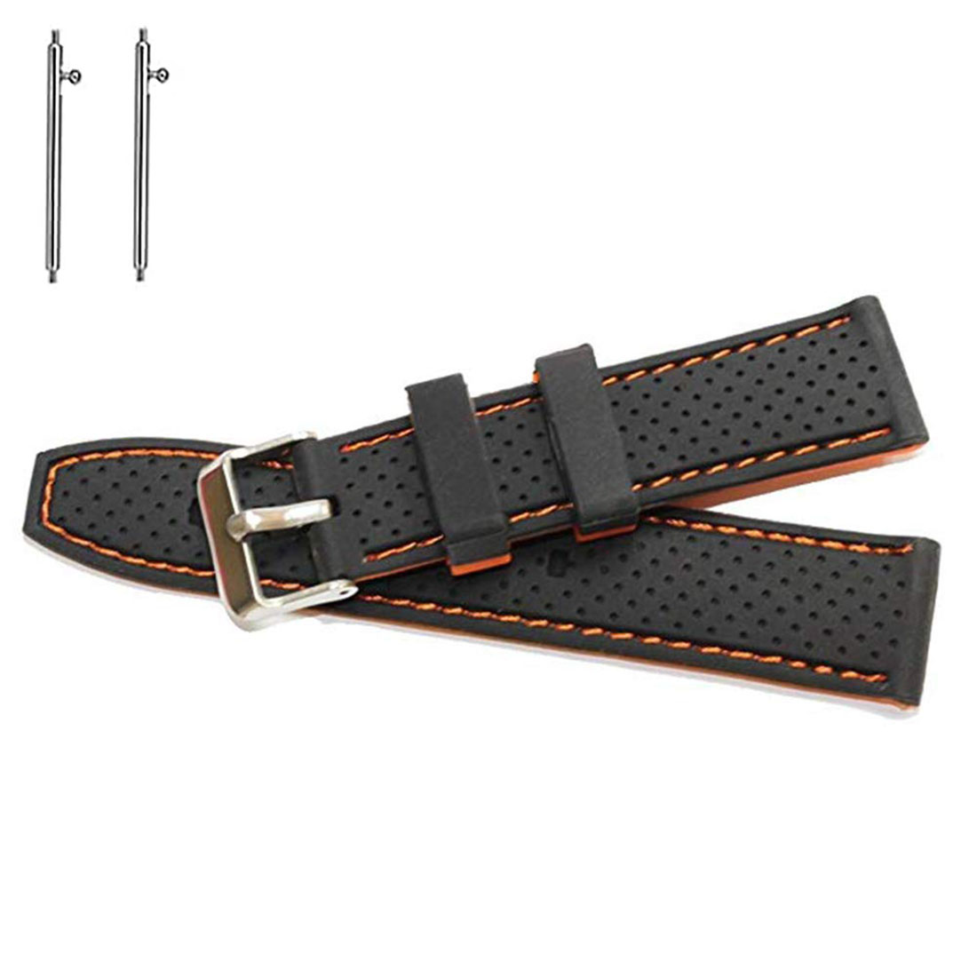 EWatchAccessories 20mm 22mm 24mm Silicon Rubber Watch Band Strap Black Orange Red Blue Stitches with Silver Stainless Steel Buckle - Image 8