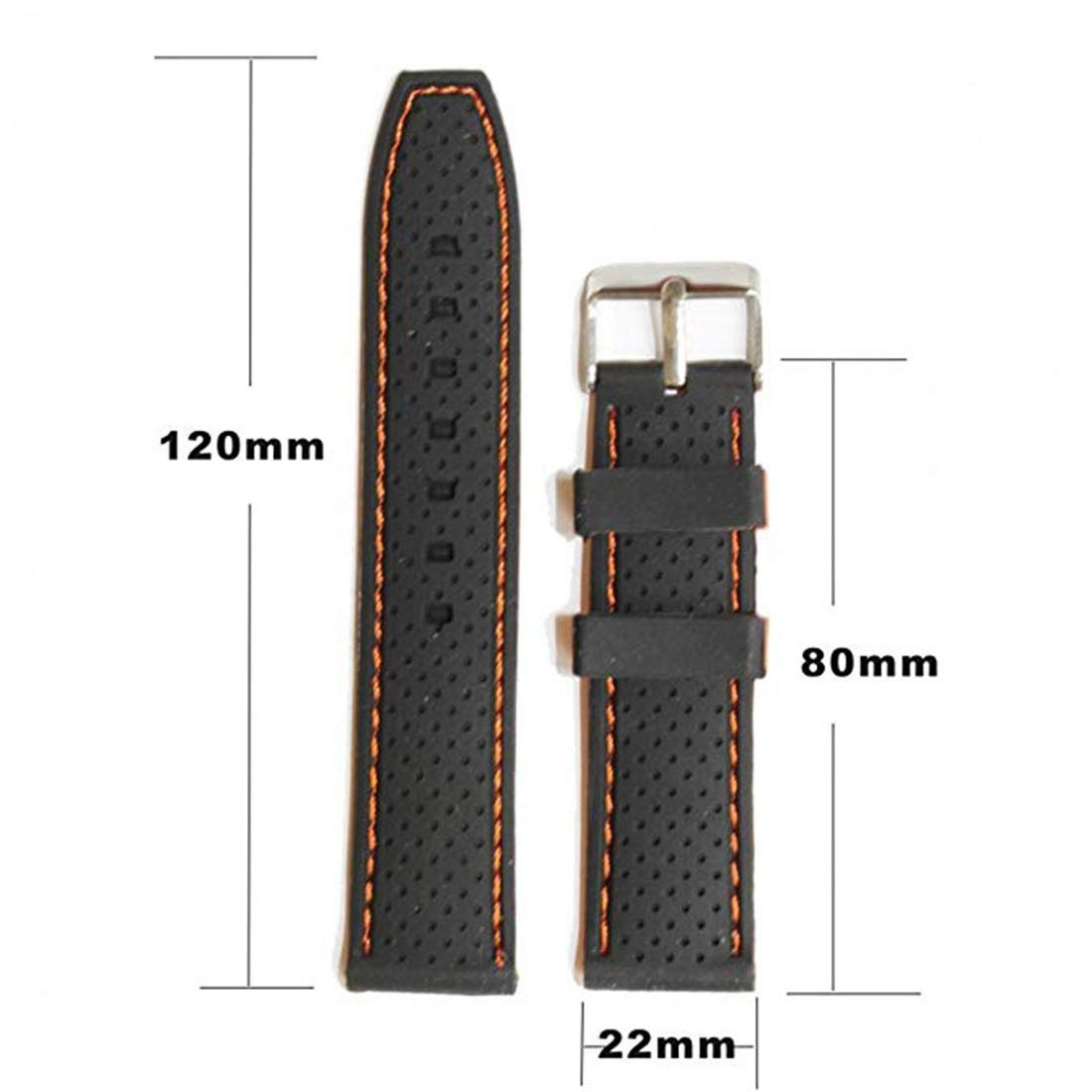 EWatchAccessories 20mm 22mm 24mm Silicon Rubber Watch Band Strap Black Orange Red Blue Stitches with Silver Stainless Steel Buckle - Image 9