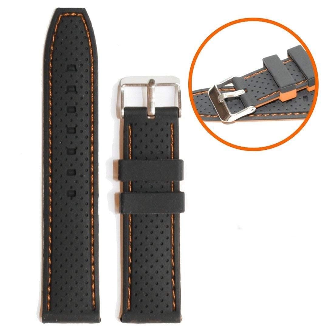 EWatchAccessories 20mm 22mm 24mm Silicon Rubber Watch Band Strap Black Orange Red Blue Stitches with Silver Stainless Steel Buckle - Image 10