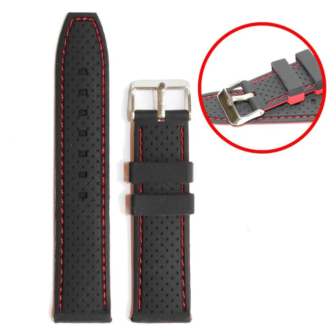 EWatchAccessories 20mm 22mm 24mm Silicon Rubber Watch Band Strap Black Orange Red Blue Stitches with Silver Stainless Steel Buckle - Image 4