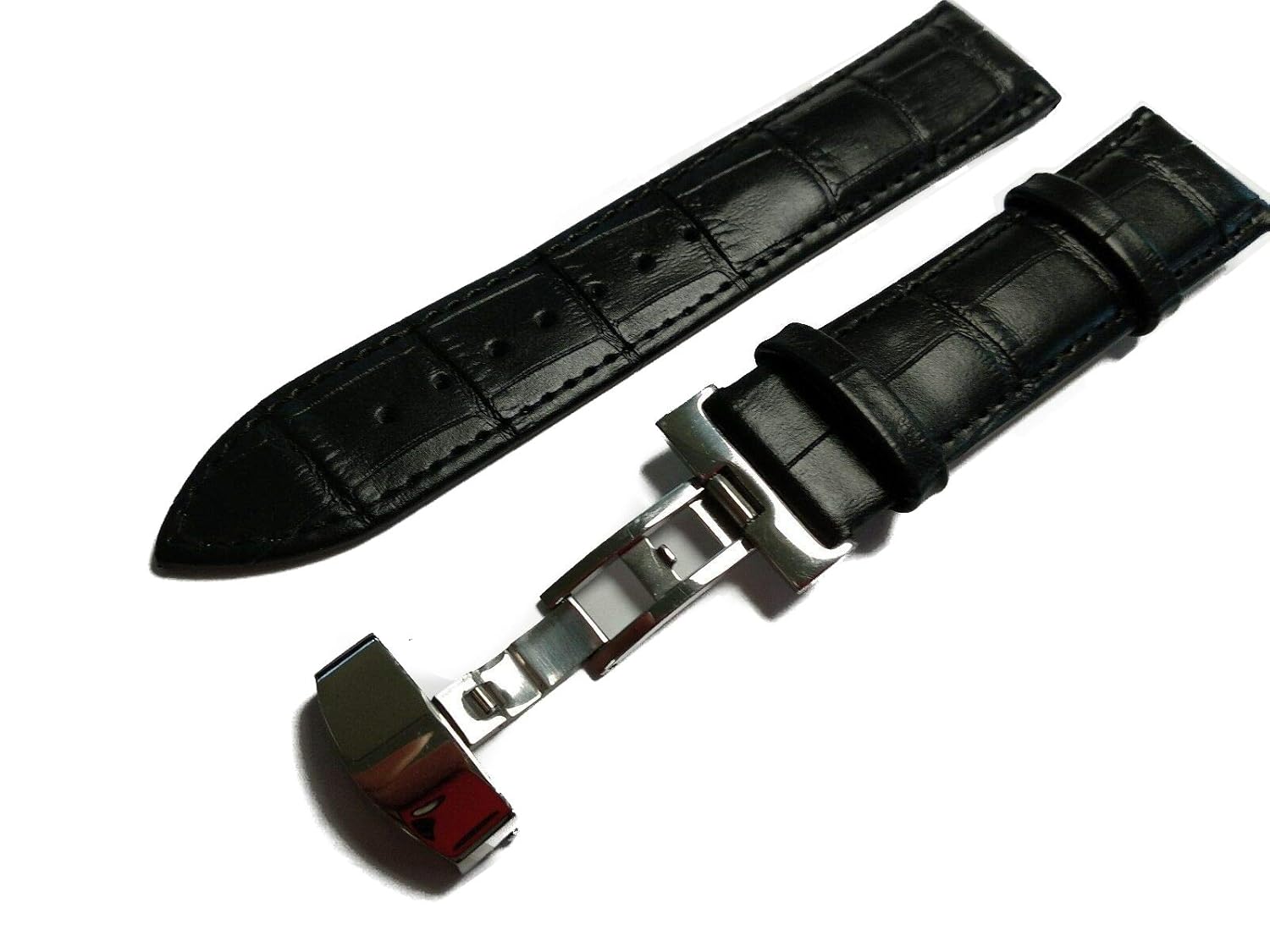26mm Black Brown Tan Blue Geniune Leather Watch Band Strap With Silver Deployment Buckle