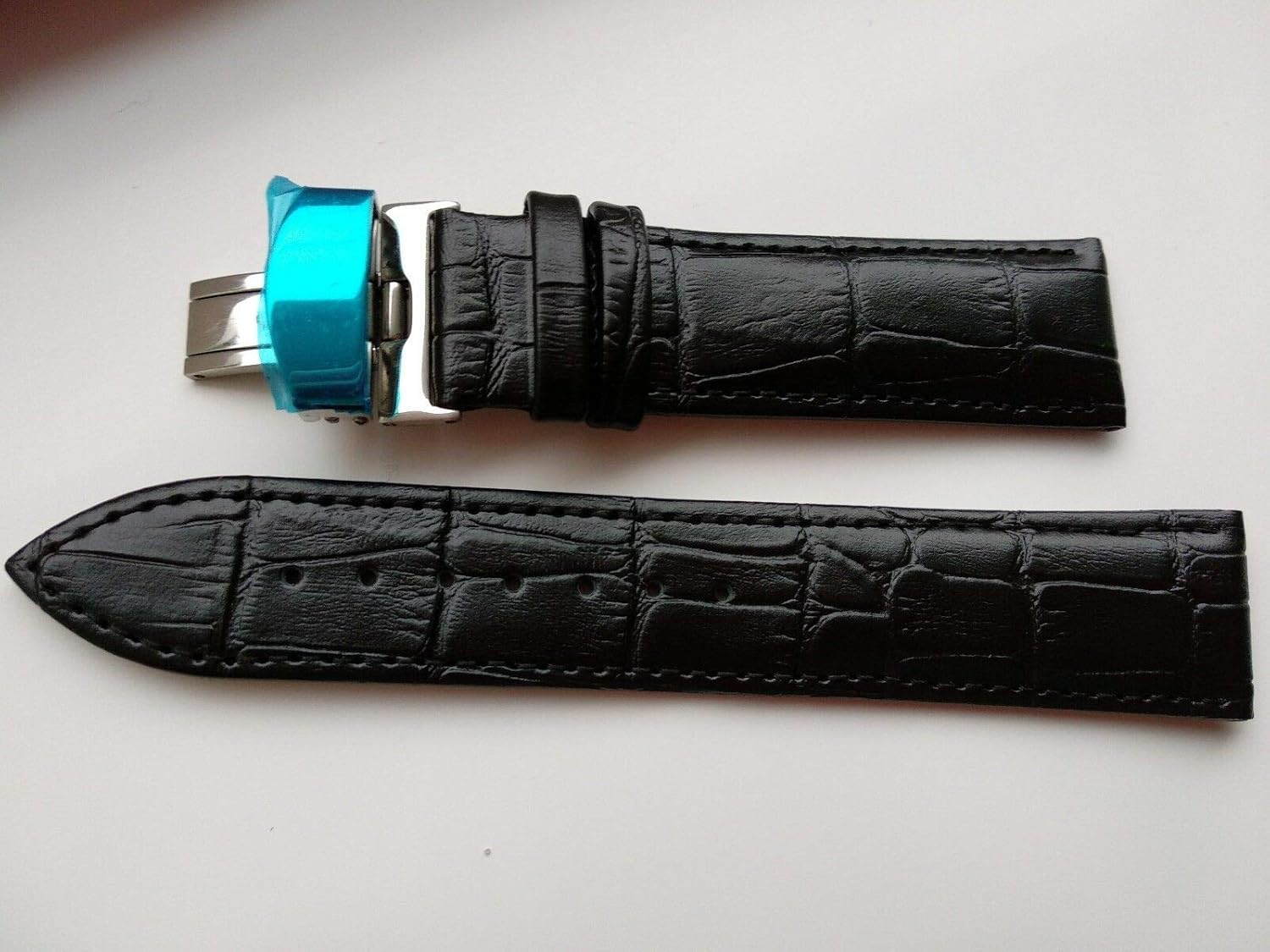 26mm Black Brown Tan Blue Geniune Leather Watch Band Strap With Silver Deployment Buckle - Image 2