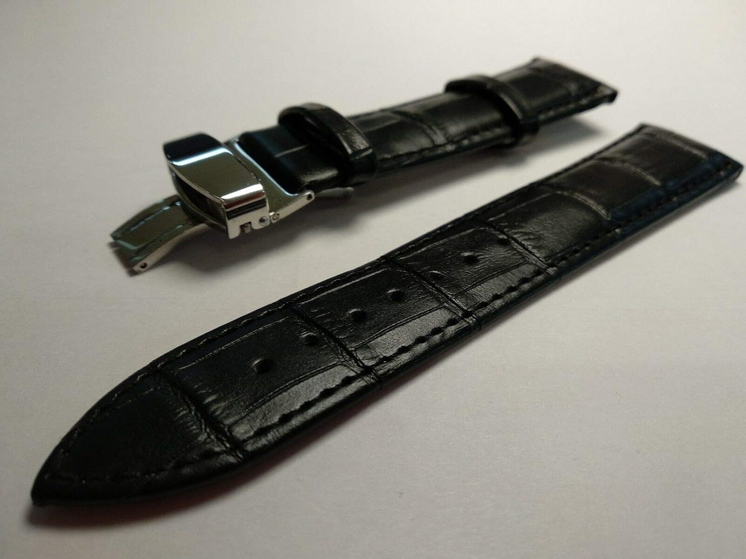 26mm Black Brown Tan Blue Geniune Leather Watch Band Strap With Silver Deployment Buckle - Image 3