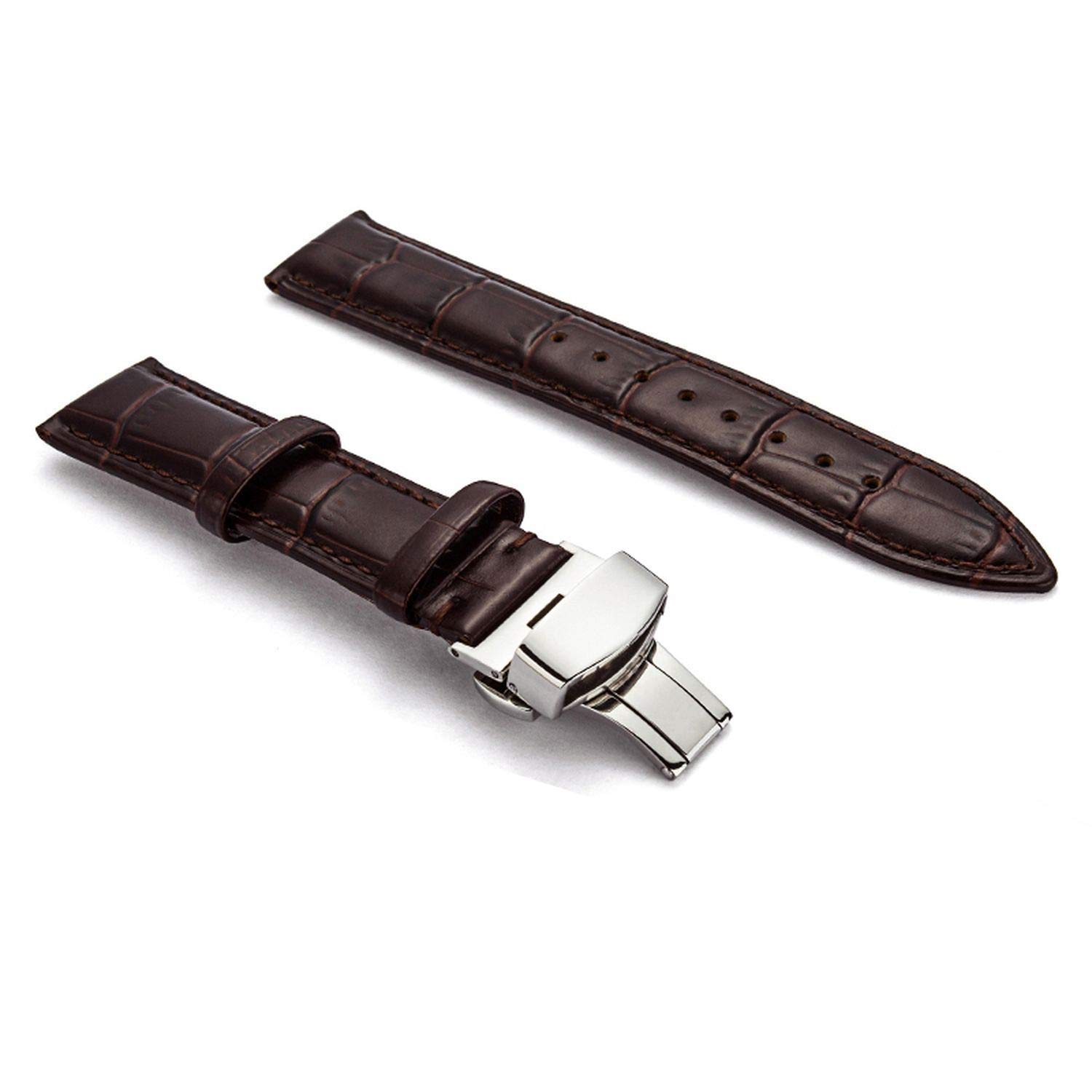 26mm Black Brown Tan Blue Geniune Leather Watch Band Strap With Silver Deployment Buckle - Image 4