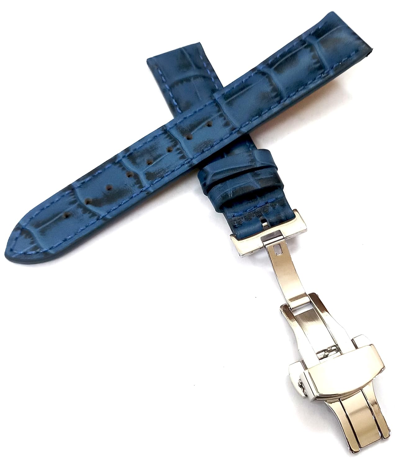 26mm Black Brown Tan Blue Geniune Leather Watch Band Strap With Silver Deployment Buckle - Image 8