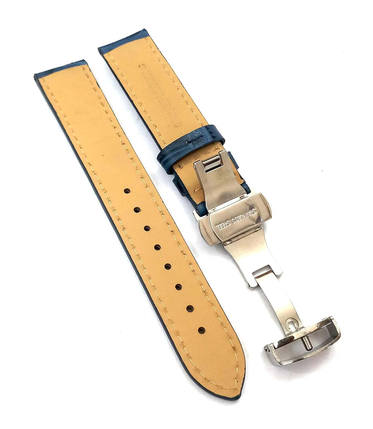 26mm Black Brown Tan Blue Geniune Leather Watch Band Strap With Silver Deployment Buckle - Image 9