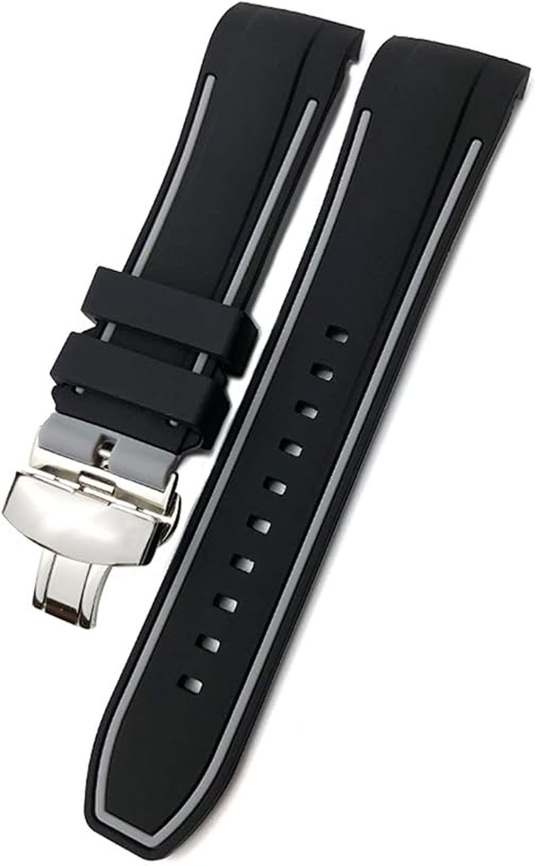 22mm Blue With Grey Black With Red And Grey Rubber Silicone Watch Strap With Silver Butterfly Buckle - Image 3