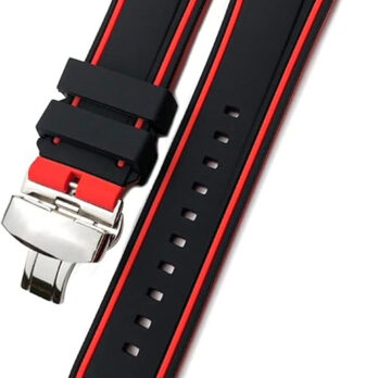 22mm Blue With Grey Black With Red And Grey Rubber Silicone Watch Strap With Silver Butterfly Buckle