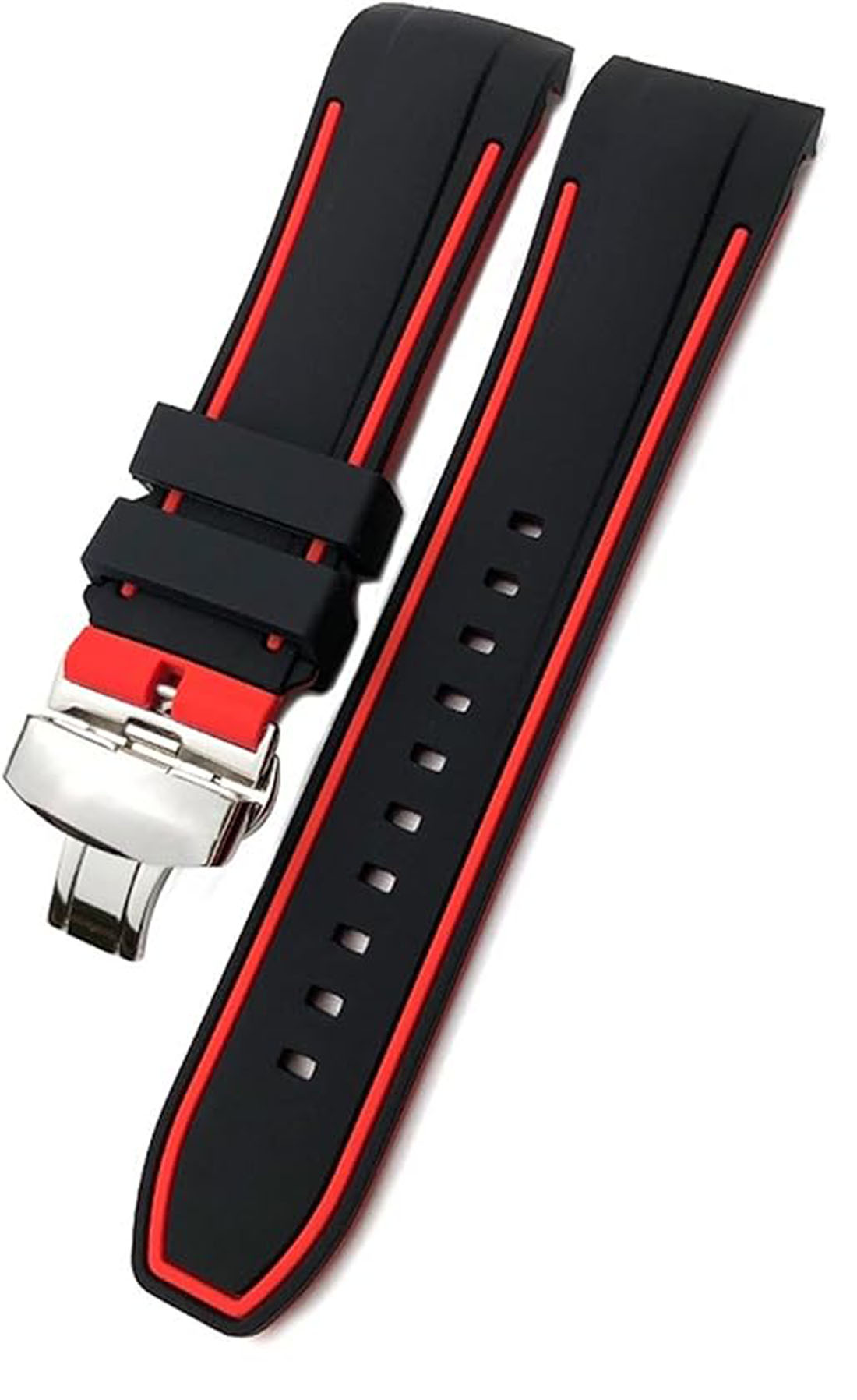 22mm Blue With Grey Black With Red And Grey Rubber Silicone Watch Strap With Silver Butterfly Buckle - Image 2