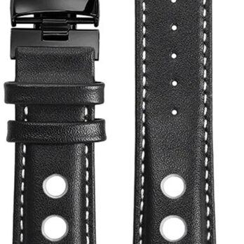 20mm Genuine Leather Watch Band Strap for PRS516 T91 1853 – Black/Brown with White Stitching, Silver/Black Buckle, Top Layer Cowhide Racing Chopin Band