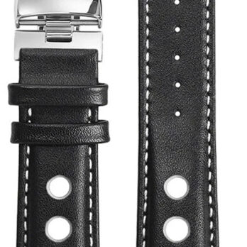 20mm Genuine Leather Watch Band Strap for PRS516 T91 1853 – Black/Brown with White Stitching, Silver/Black Buckle, Top Layer Cowhide Racing Chopin Band