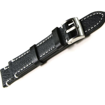 22mm Genuine Leather  Black With White Stitch Watch Band Strap Silver Pin Buckle