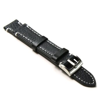 22mm Genuine Leather  Black With White Stitch Watch Band Strap Silver Pin Buckle