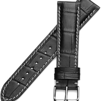 22mm Genuine Leather  Black With White Stitch Watch Band Strap Silver Pin Buckle