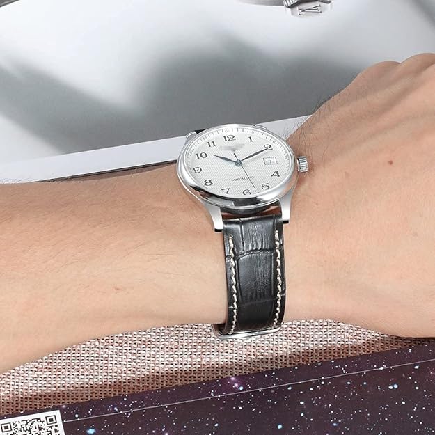 20mm Genuine Leather Black With White Stitch Watch Band Strap Silver Pin Buckle - Image 4